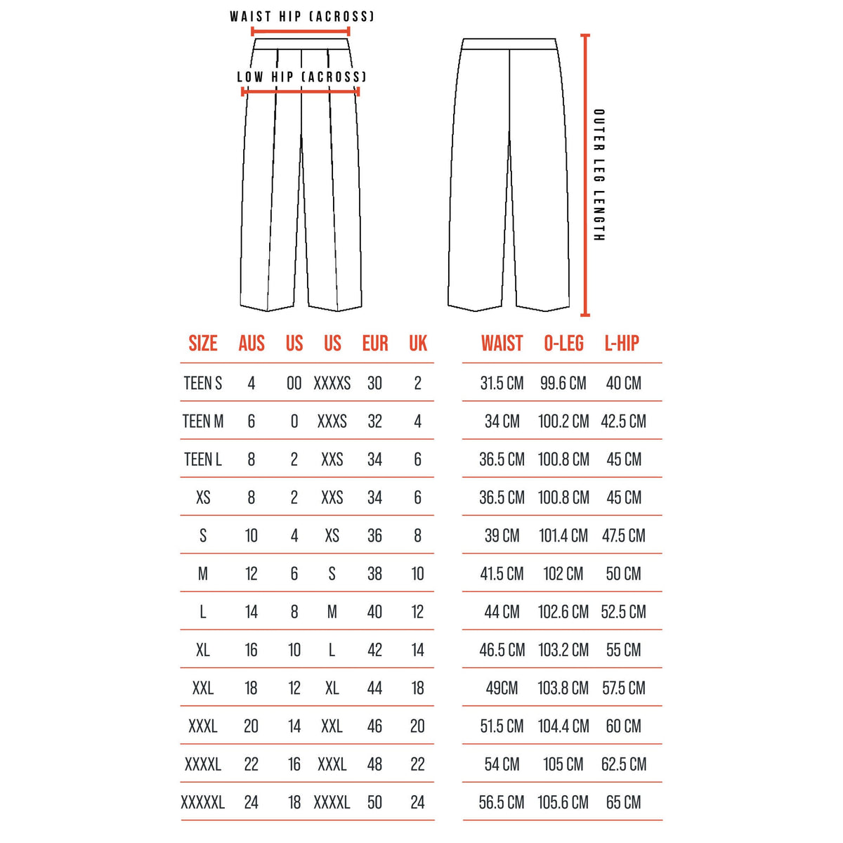 Size Guide - The Side Fastening Pants Womens - The Shapes United