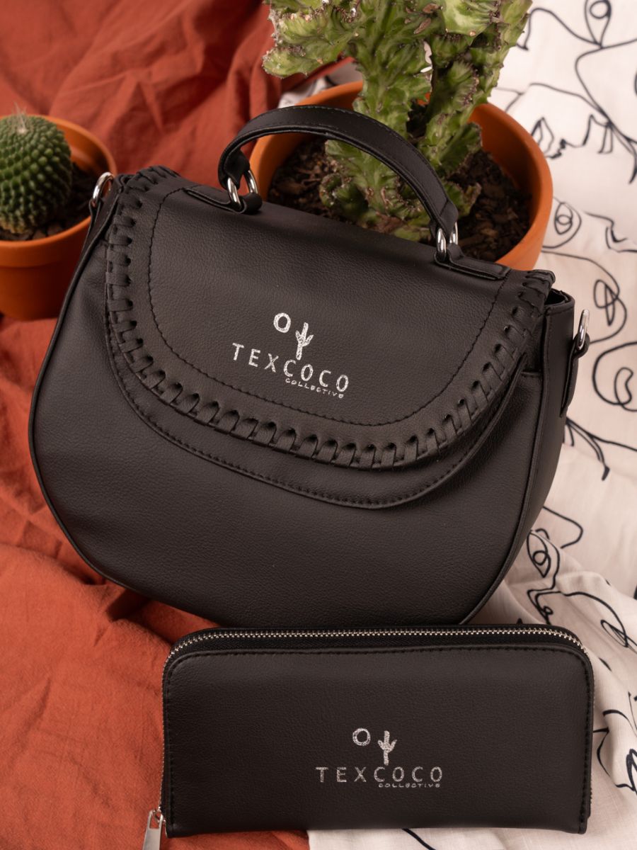 "La Luna" Women's Cactus Vegan Leather Cross Body Handbag - Black | Texcoco Collective