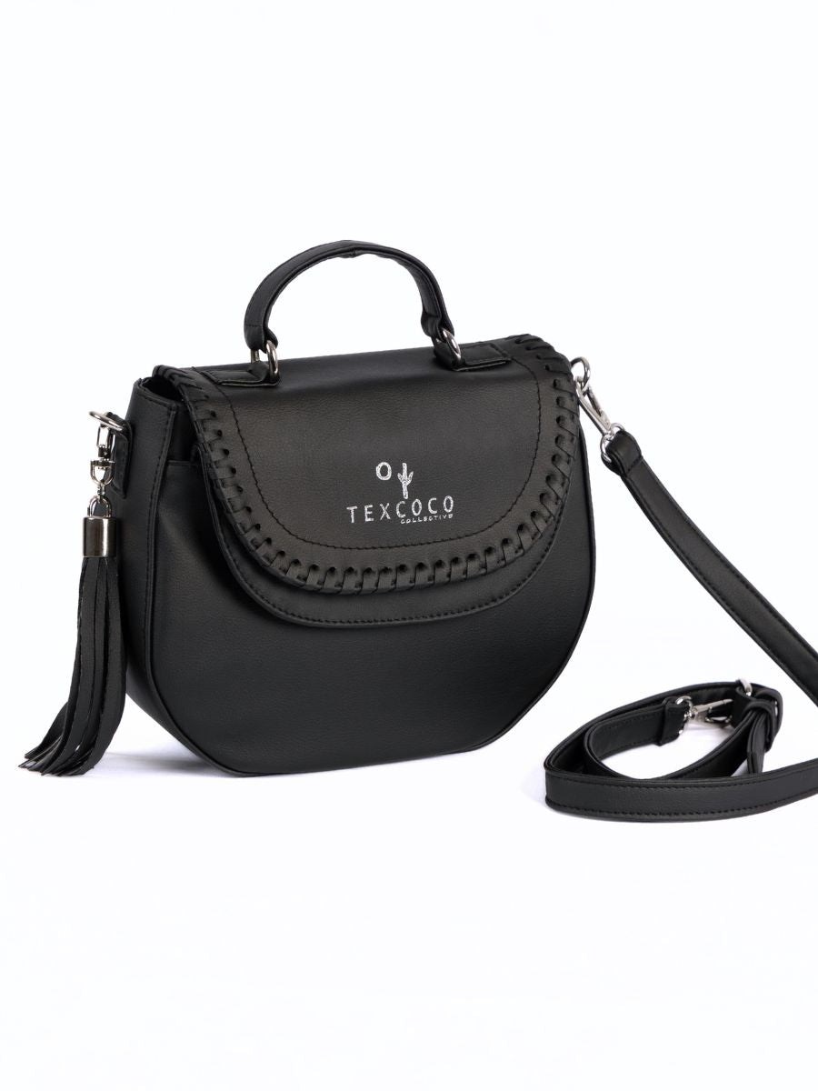 "La Luna" Women's Cactus Vegan Leather Cross Body Handbag - Black | Texcoco Collective