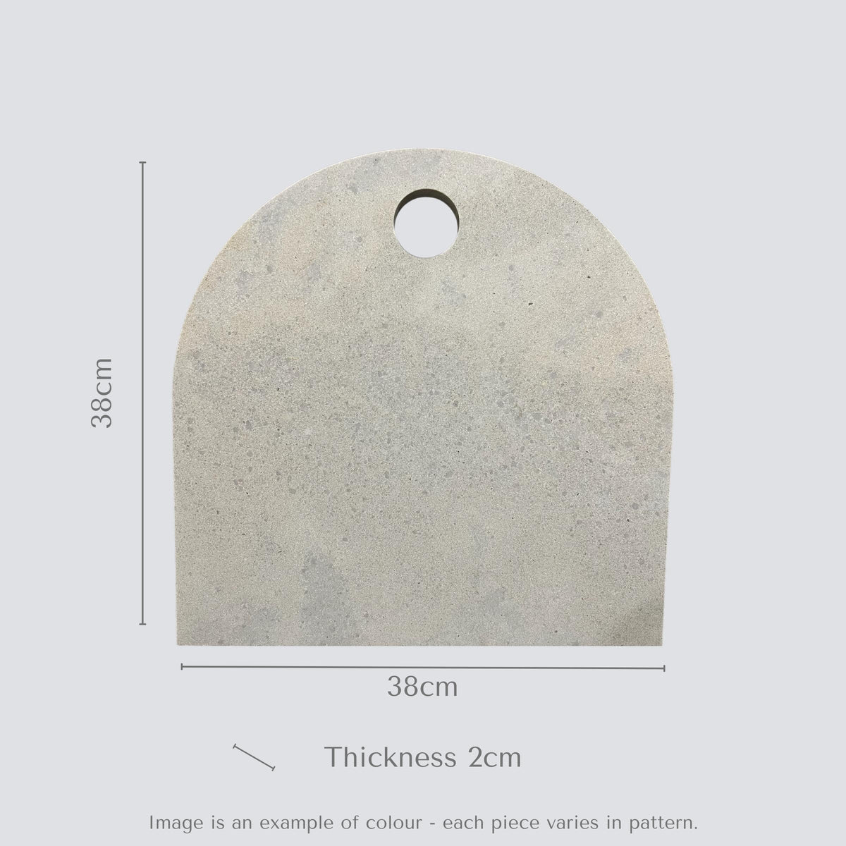 Large concrete look arch serving platter with measurements. Caesarstone Primordia