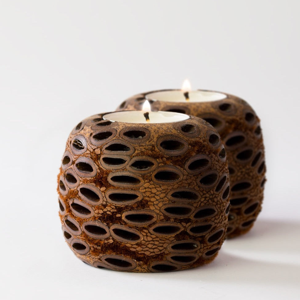 Our Banksia Tea Lights are stunning when lit at night! 
